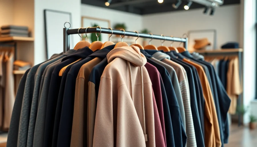 Showcasing diverse blank hoodies in a chic boutique setting, highlighting stylish designs and warm colors.