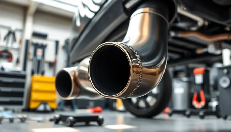 Install a high-performance downpipe showcasing its gleaming features in an automotive garage setting.
