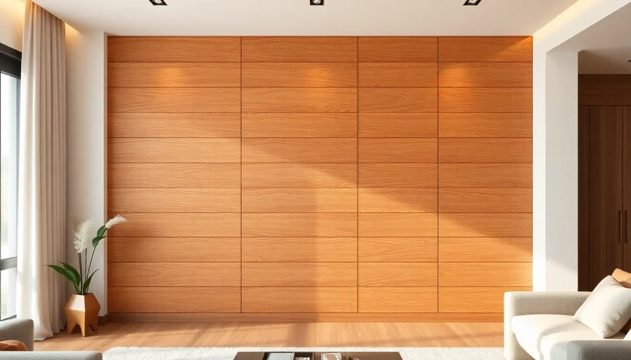Showcase woodveneerhub through striking warm wood paneling in a modern living room setting.