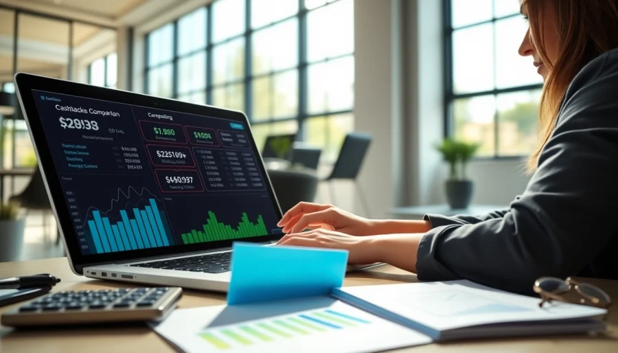 Evaluate cashback comparison offers using a laptop with colorful charts and graphs.