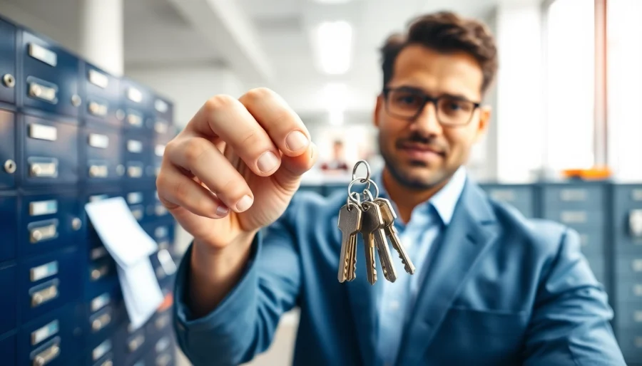 Key Holding professional managing keys with security tools in a bright office setting.