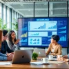 Visual representation of VAT compliance software being analyzed by a diverse financial team in a modern office.
