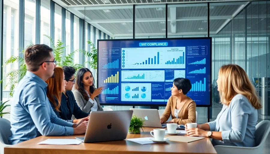 Visual representation of VAT compliance software being analyzed by a diverse financial team in a modern office.