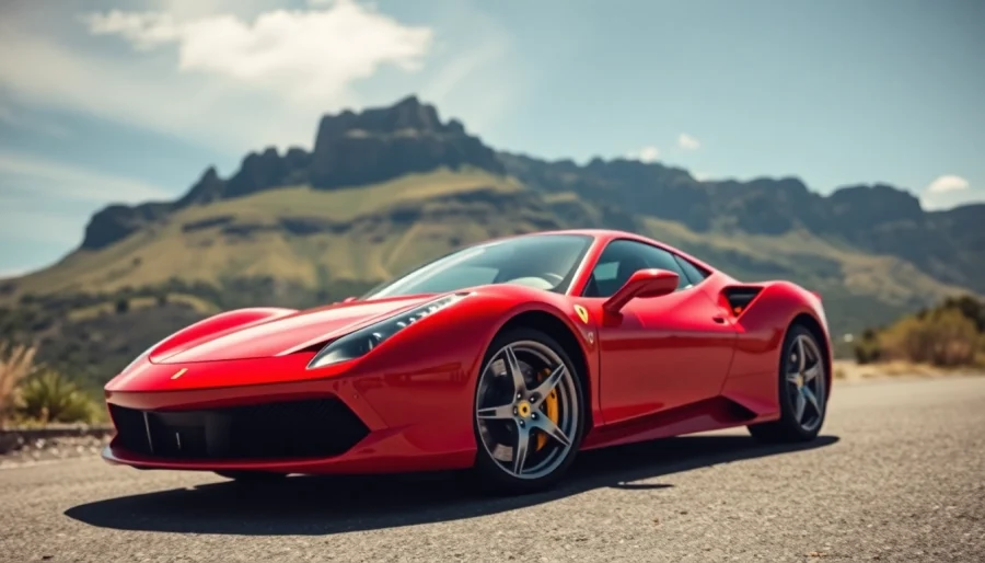 Ferrari for sale Cape Town prominently displayed with Table Mountain in the background.