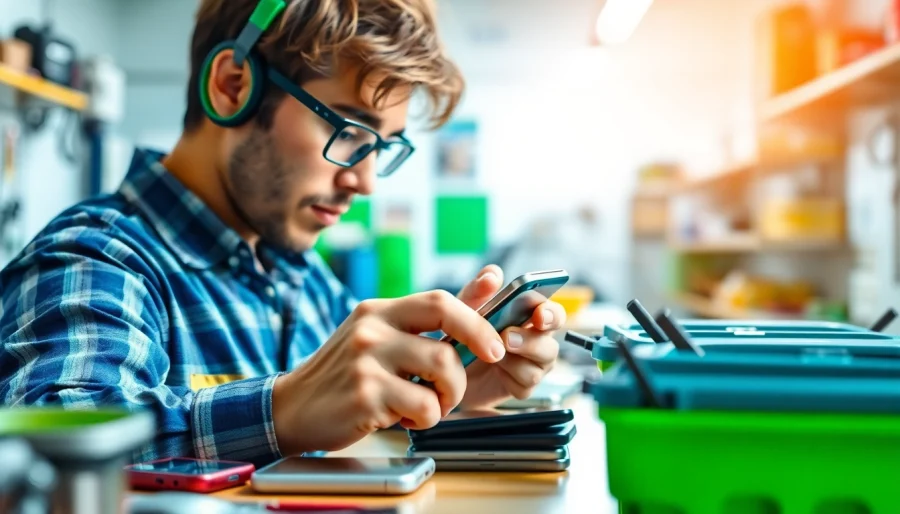 Recycle cash for old phones with a technician assessing devices in a bright workshop.