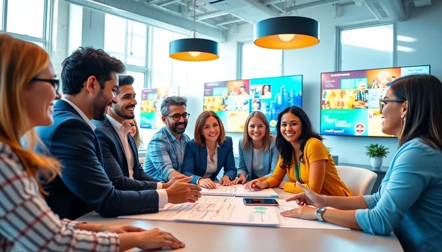 Event management company Singapore team collaborating in a vibrant office setting.