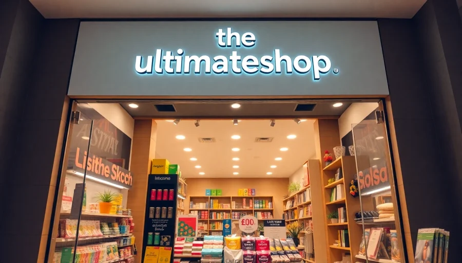Explore ultimateshop’s diverse product range in a colorful, inviting storefront setting.