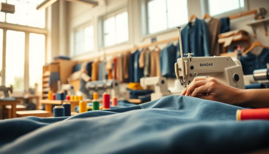Hands sewing denim fabric showcasing jeans garment manufacturers craftsmanship and artistry.