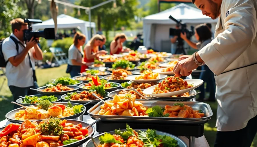 Film set catering Hamilton Ontario offers a vibrant buffet with gourmet dishes for film crews.