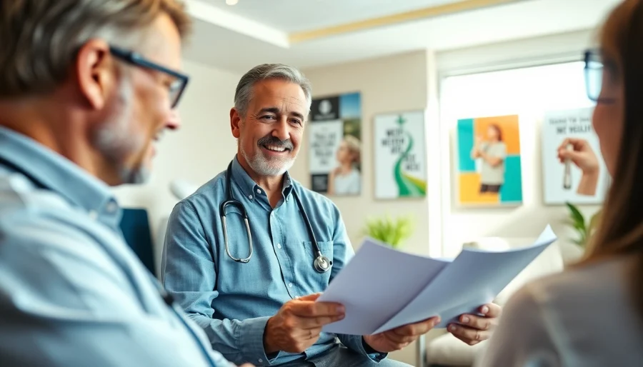 Engaging consultation between a las vegas concierge doctor and a patient in a modern office.