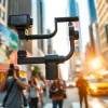 Capture smooth footage with a professional gimbal amidst a vibrant cityscape.