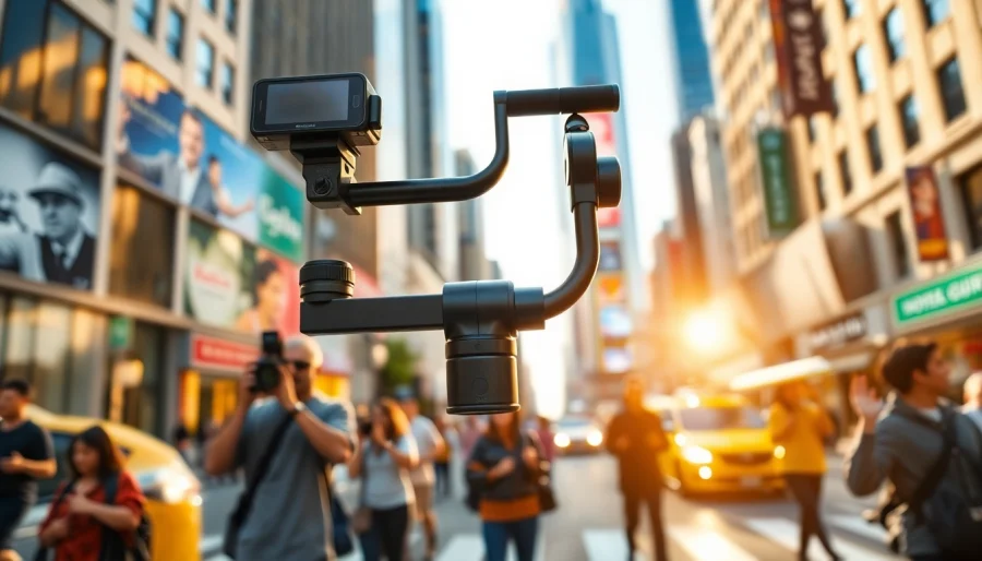 Capture smooth footage with a professional gimbal amidst a vibrant cityscape.