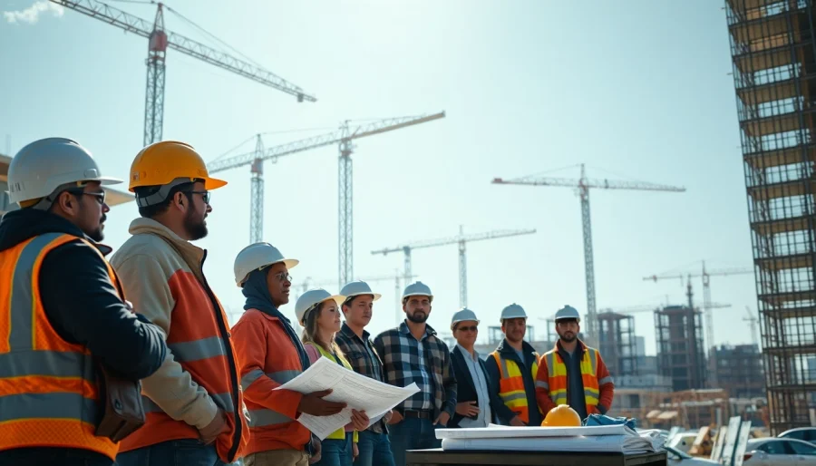 New Jersey Commercial General Contractor team collaborating on a construction project at a vibrant site.