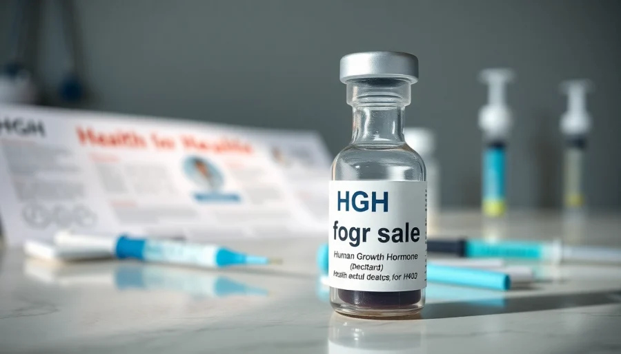 Showcasing hgh for sale in a professional healthcare setting with a vial and syringes.