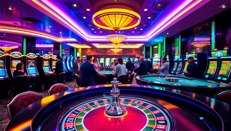 Jouez au meilleur casino en ligne dans un cadre élégant avec des tables modernes et des joueurs enthousiastes.