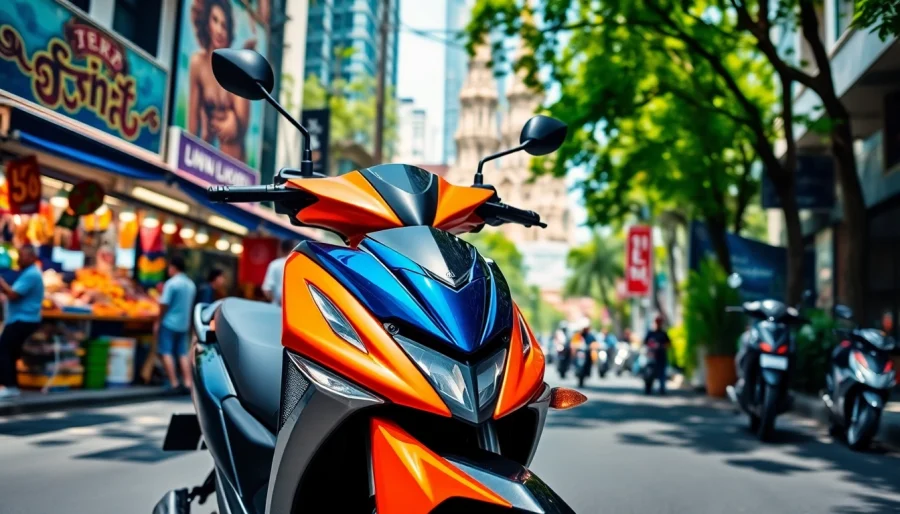 Experience motorbike rental bangkok with a stylish bike in vibrant city surroundings.