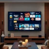 Comprar IPTV en un entorno moderno con un televisor de pantalla plana y decoración acogedora.