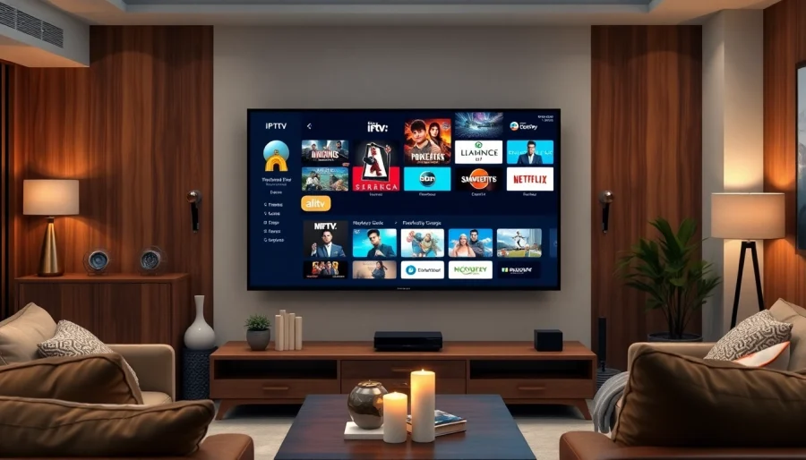 Comprar IPTV en un entorno moderno con un televisor de pantalla plana y decoración acogedora.