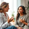 Explore healing trauma in a supportive therapy setting with a therapist and client sharing a moment of connection.
