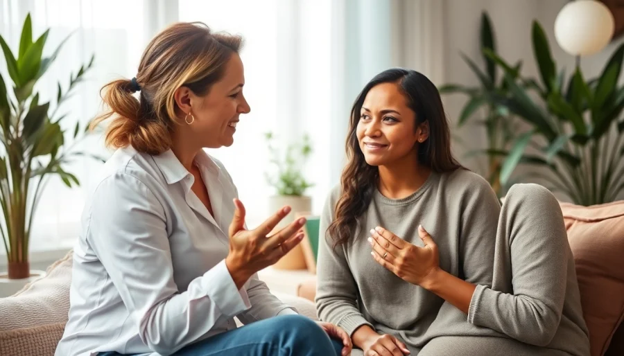 Explore healing trauma in a supportive therapy setting with a therapist and client sharing a moment of connection.