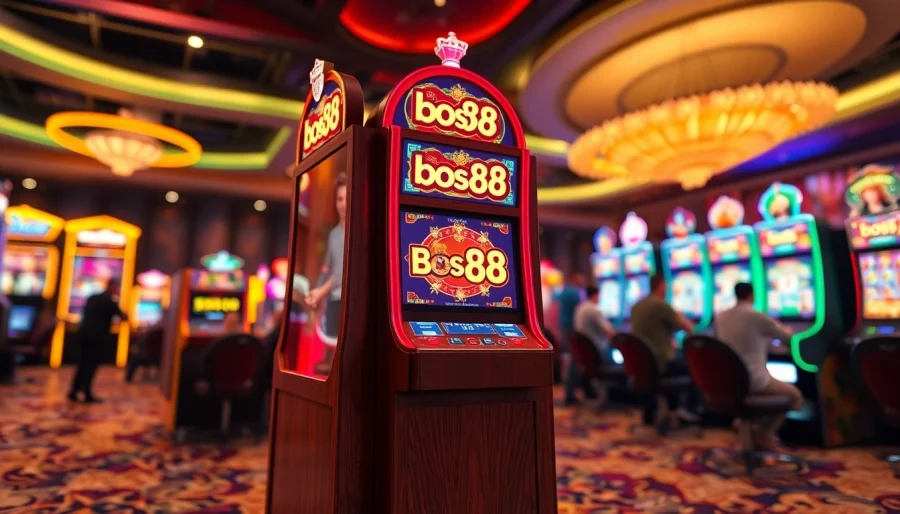 Mainkan bos88 slot dengan mesin slot yang menonjol dalam suasana kasino yang mengundang.