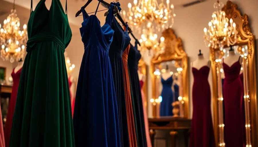 Stunning evening dresses on display, showcasing vibrant colors and elegant designs.