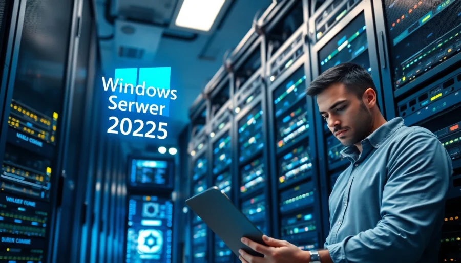 Windows Server 2025 Standard in einem Hochtechnologie-Rechenzentrum mit modernen Servern.