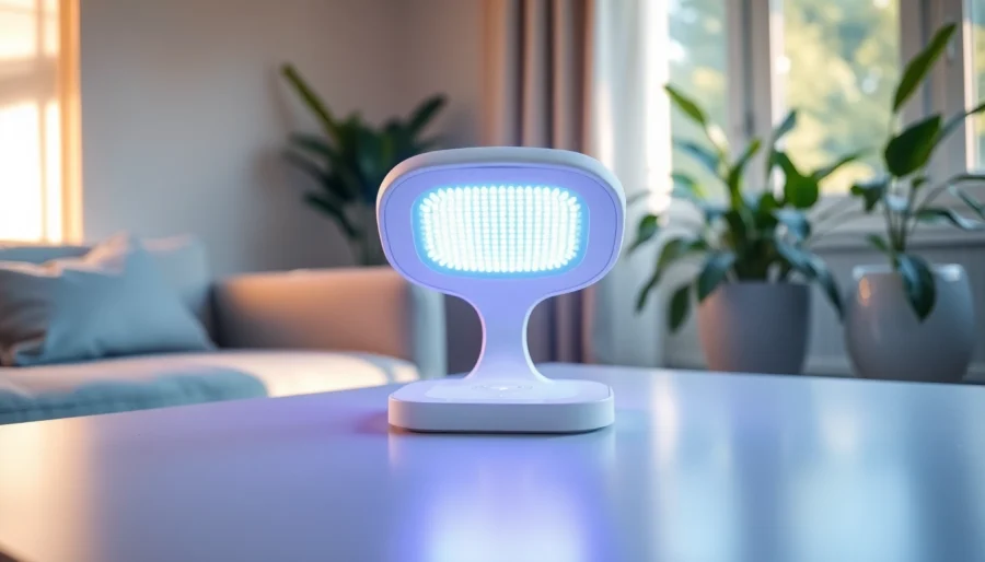 Showcasing the quasarmd LED therapy tool for rejuvenating skin health.