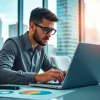 Entrepreneur analyzing data for selling wholesale on amazon in a modern office environment