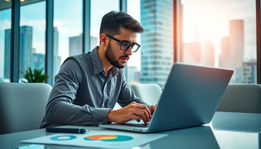Entrepreneur analyzing data for selling wholesale on amazon in a modern office environment
