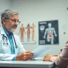 Illustration of a doctor discussing genital warts cure options with an attentive patient.