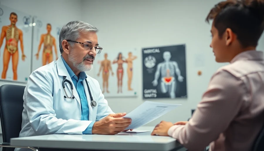 Illustration of a doctor discussing genital warts cure options with an attentive patient.