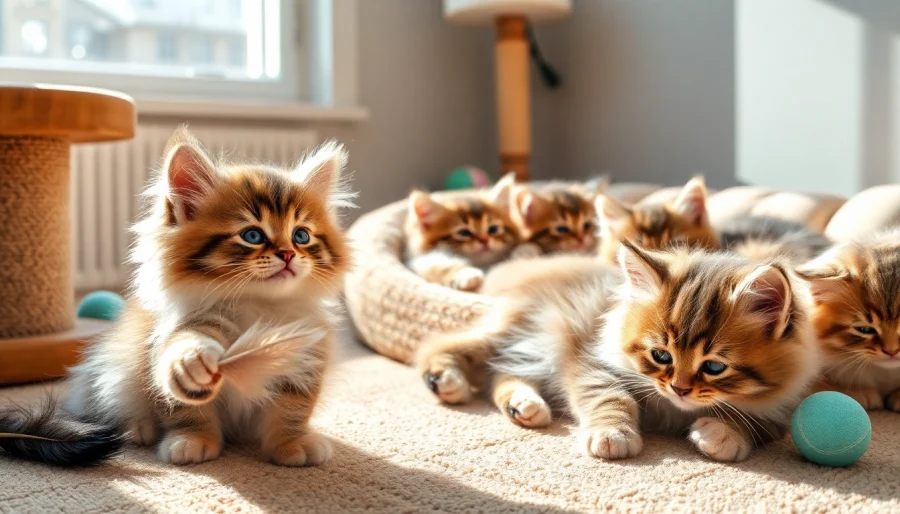Maine Coon cats for sale near me, showcasing playful kittens in a warm, inviting indoor scene.