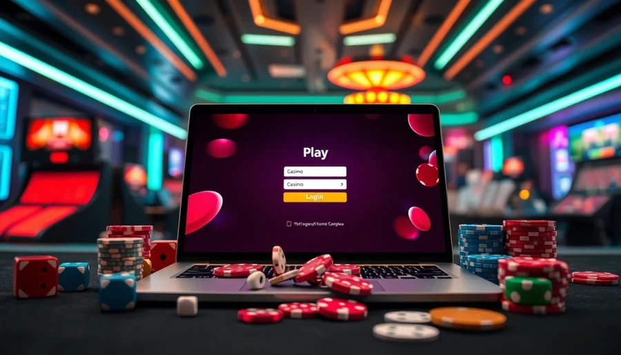 Access the thrilling play casino login page on a sleek laptop with vibrant gaming elements.