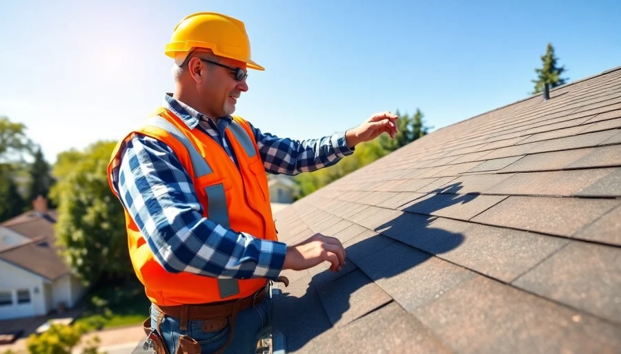 Expert inspecting Roofing Replacement Portland Oregon on a sunny day in a residential area.