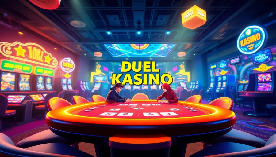 Duel Kasino - Pelaajia keskittyneenä dueli-korttipelissä, värikäs kasinotunnelma.