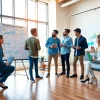 Search optimization company collaborating in a vibrant office on digital marketing strategies.