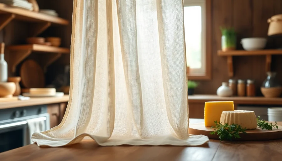 Kaasdoek hangend in een rustieke keuken, met een sfeervolle setting en textuur.