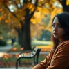 Contemplative person reflecting on relationship breakup surrounded by autumn leaves.