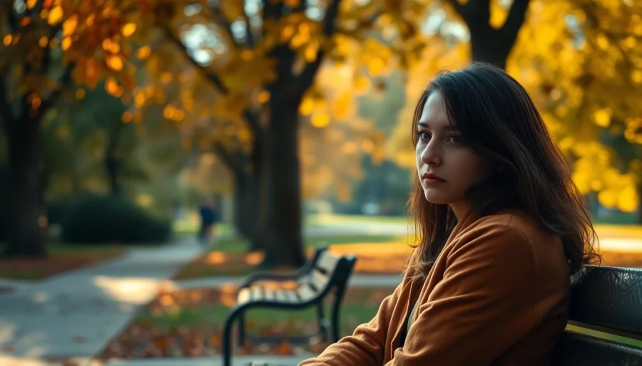 Contemplative person reflecting on relationship breakup surrounded by autumn leaves.