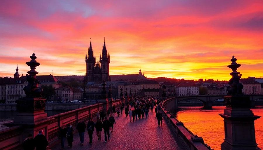 Visitors experiencing the beauty of Charles Bridge Prague during a stunning sunset.