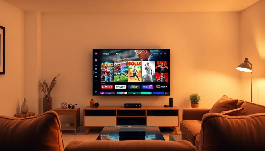 Comprar IPTV en un moderno setup de entretenimiento en casa con una TV mostrando contenido vibrante.