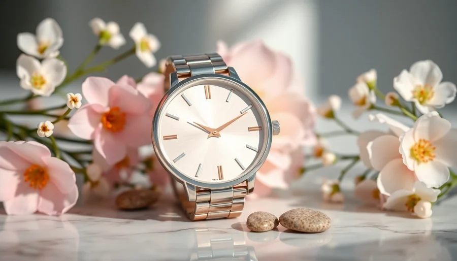 Damen Armbanduhr stilvoll präsentiert auf einer Marmoroberfläche, umgeben von zarten Blumenarrangements.
