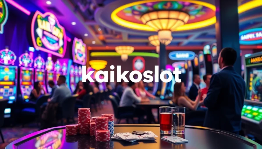 Permainan seru di kaikoslot dengan mesin slot berwarna-warni dan pemain yang antusias.