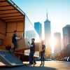 Moving companies in Toronto Ontario team assisting with furniture loading into a moving truck in a busy city setting.