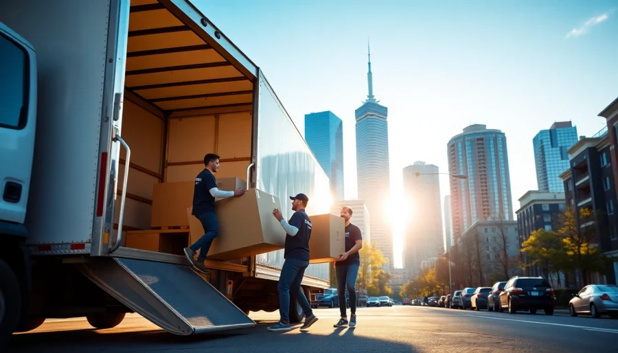 Moving companies in Toronto Ontario team assisting with furniture loading into a moving truck in a busy city setting.