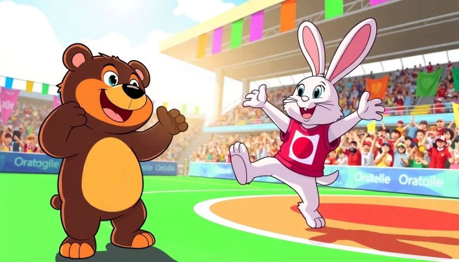 Animated mascots competing energetically at a vibrant event