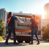 Movers Calgary team efficiently lifting a sofa during a professional moving service in Calgary.