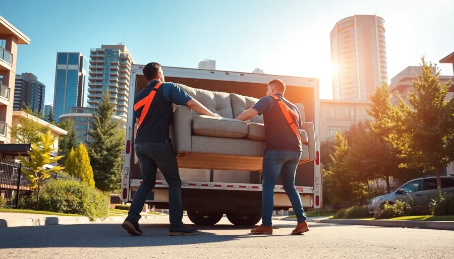 Movers Calgary team efficiently lifting a sofa during a professional moving service in Calgary.