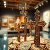 Admiring handcrafted crosses in the Jerusalem Art Museum, showcasing unique cultural artistry.